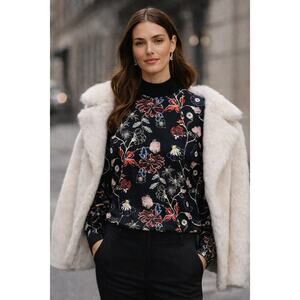 A.L.C Silk Floral Print 3/4 Sleeve Mock Neck Back Zip Blouse Top Black Women's 0